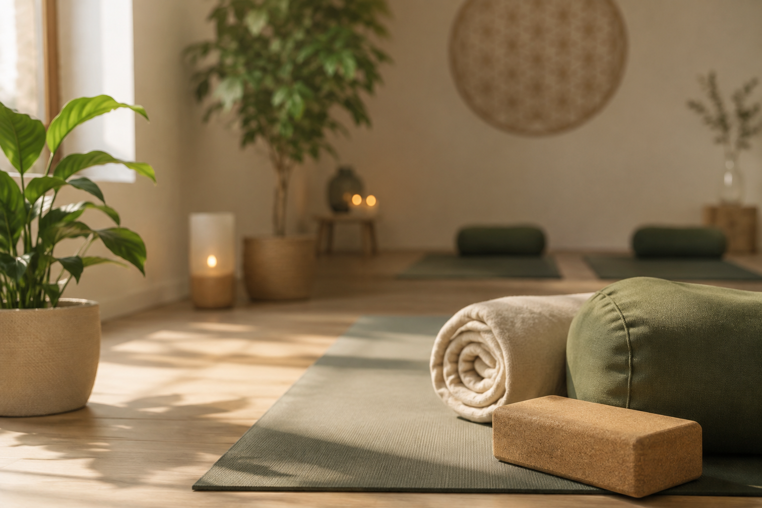 Heller, ruhiger Yogaraum mit Yogamatte, Kissen, Decke und Yogablock – Hatha-Yoga-Präventionskurse in Kevelaer