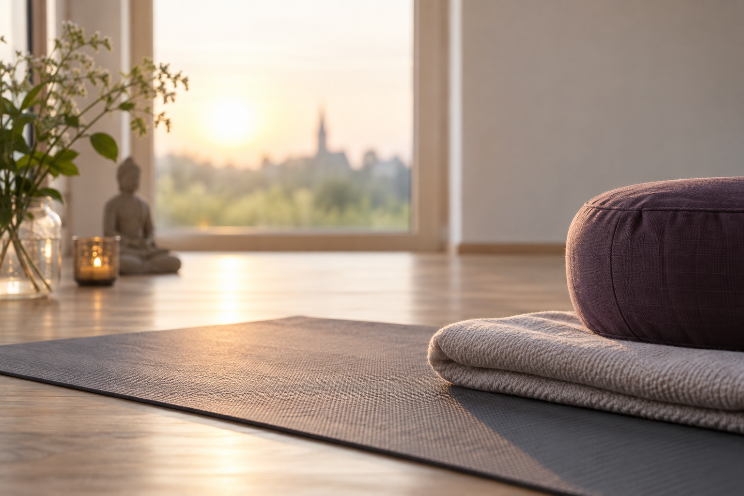 Ruhiger Yogaraum mit Yogamatte, Meditationskissen und Kerzenlicht im warmen Abendlicht.